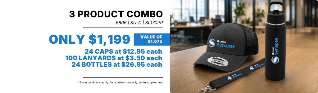 Promotional offer featuring a custom cap, water bottle, and lanyard with your logo.