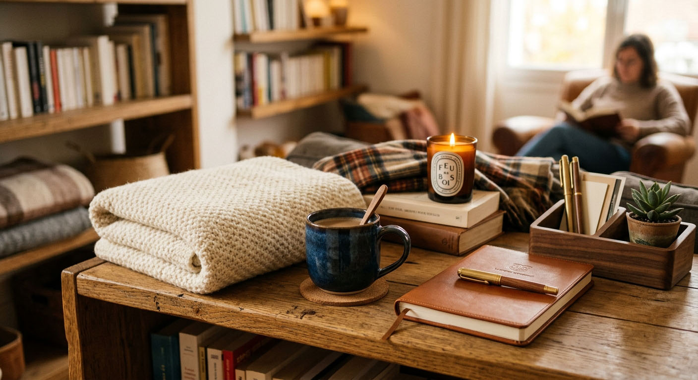 Cozy living room setup with a folded knit blanket, warm cup of coffee, lit scented candle, leather journal, and a person reading in the background.