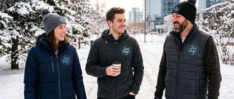Three people smiling in a snowy park wearing branded winter apparel including jackets, a hoodie, pom-pom beanies, and a puffer vest.
